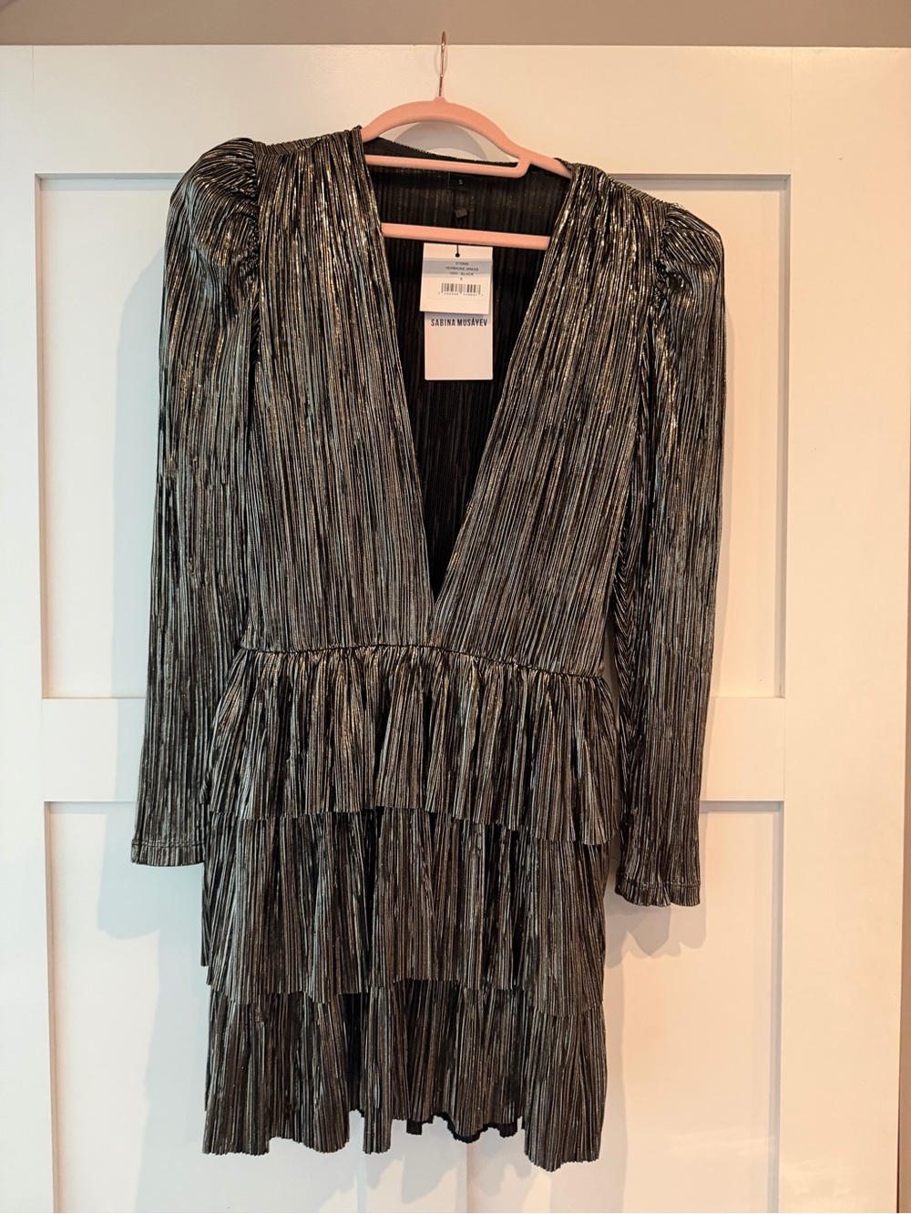 Sabina Musayev Metallic Pleated V-Neck Tiered Mini Dress - Silver/Black